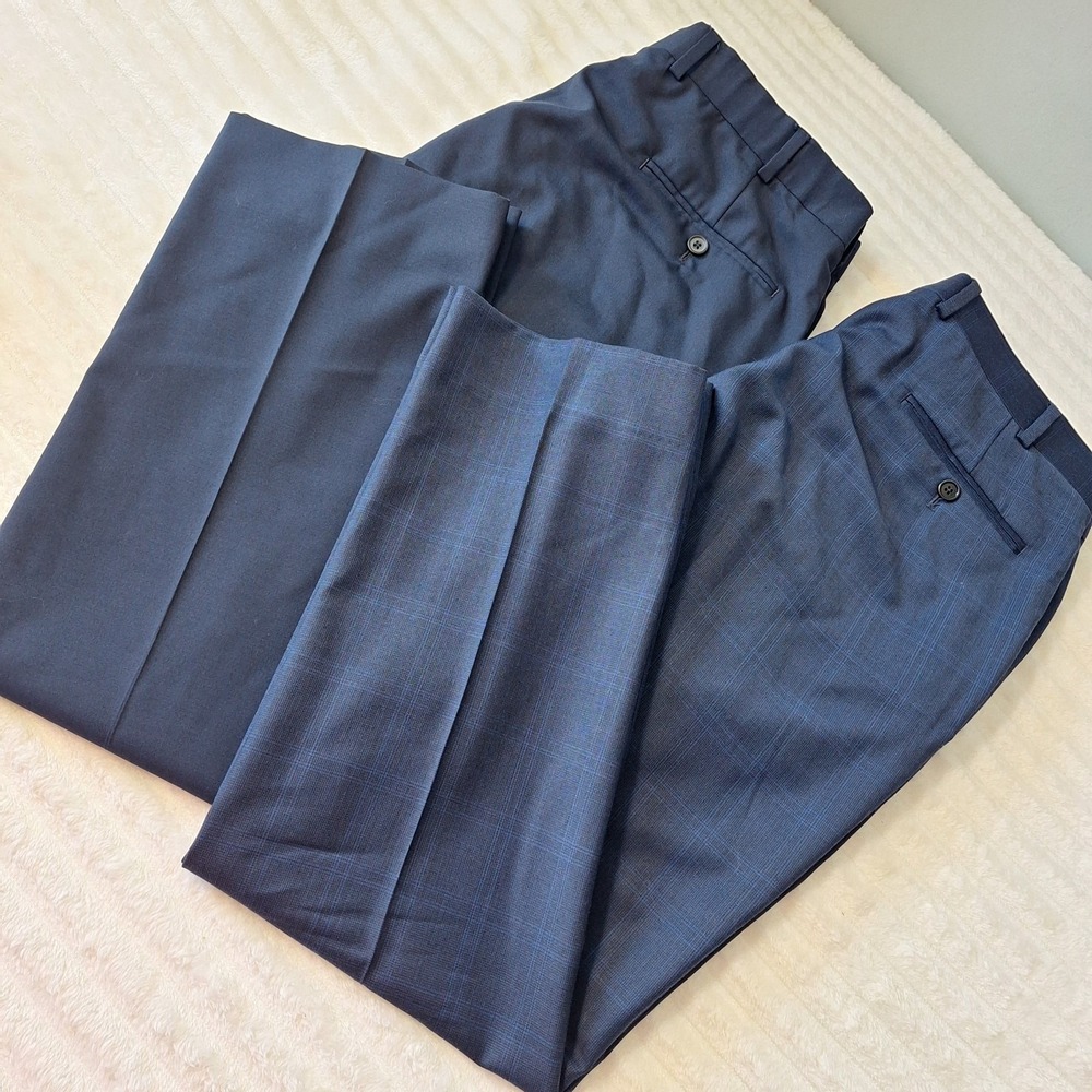 2 Pc Lot Brooks Brothers Regent Fit Wool  Blend Trouser Pants Mens 36X30 Navy